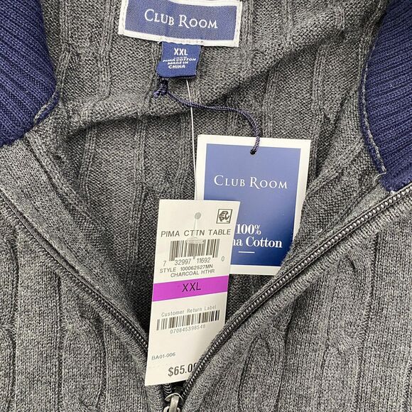 Club Room Sweater Mens 2XL Charcoal Gray Pima Cotton Cable Knit 1/4 Zip Pullover - Picture 6 of 9